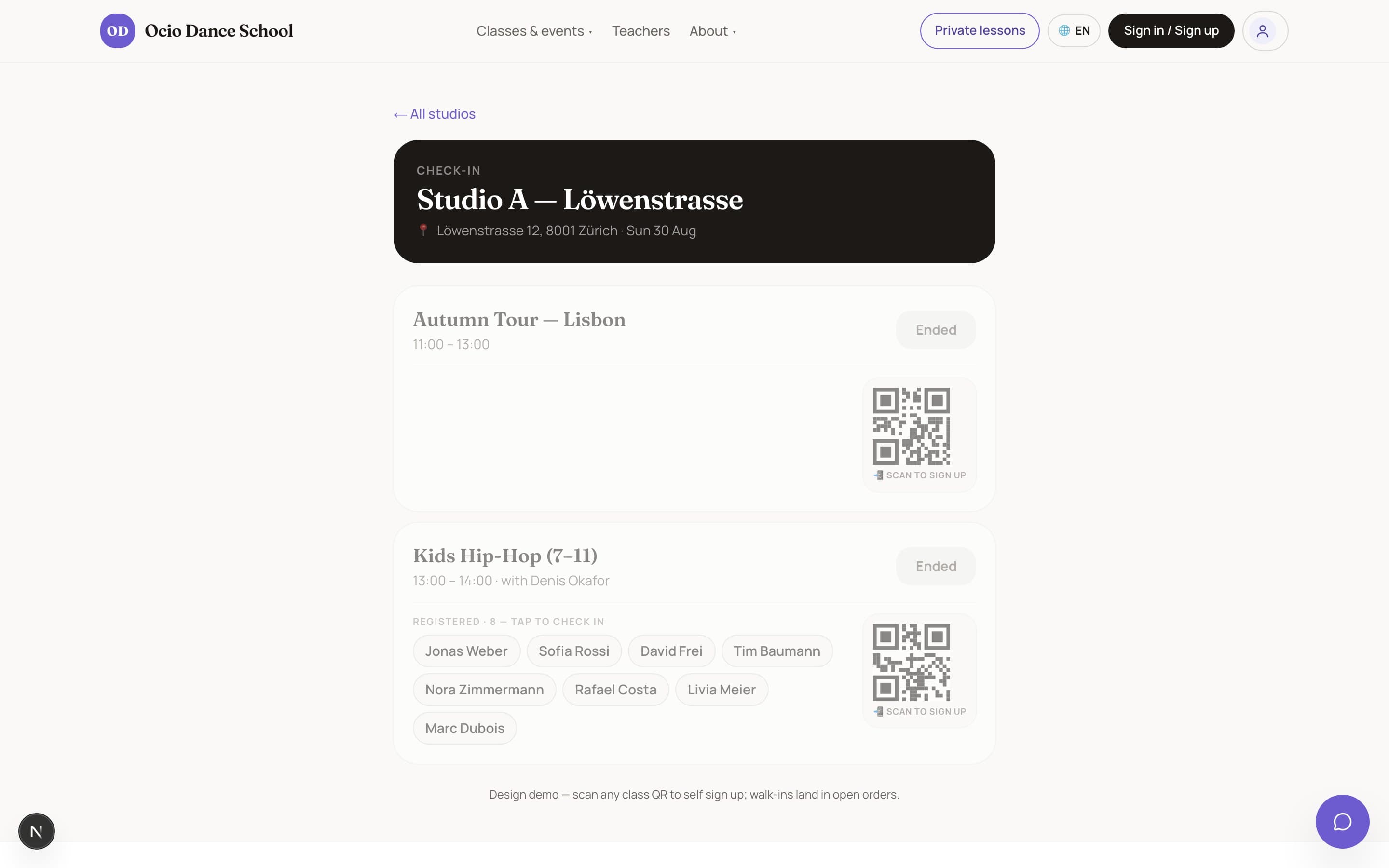 Check-in an der Tür mit Klassenliste und QR-Code
