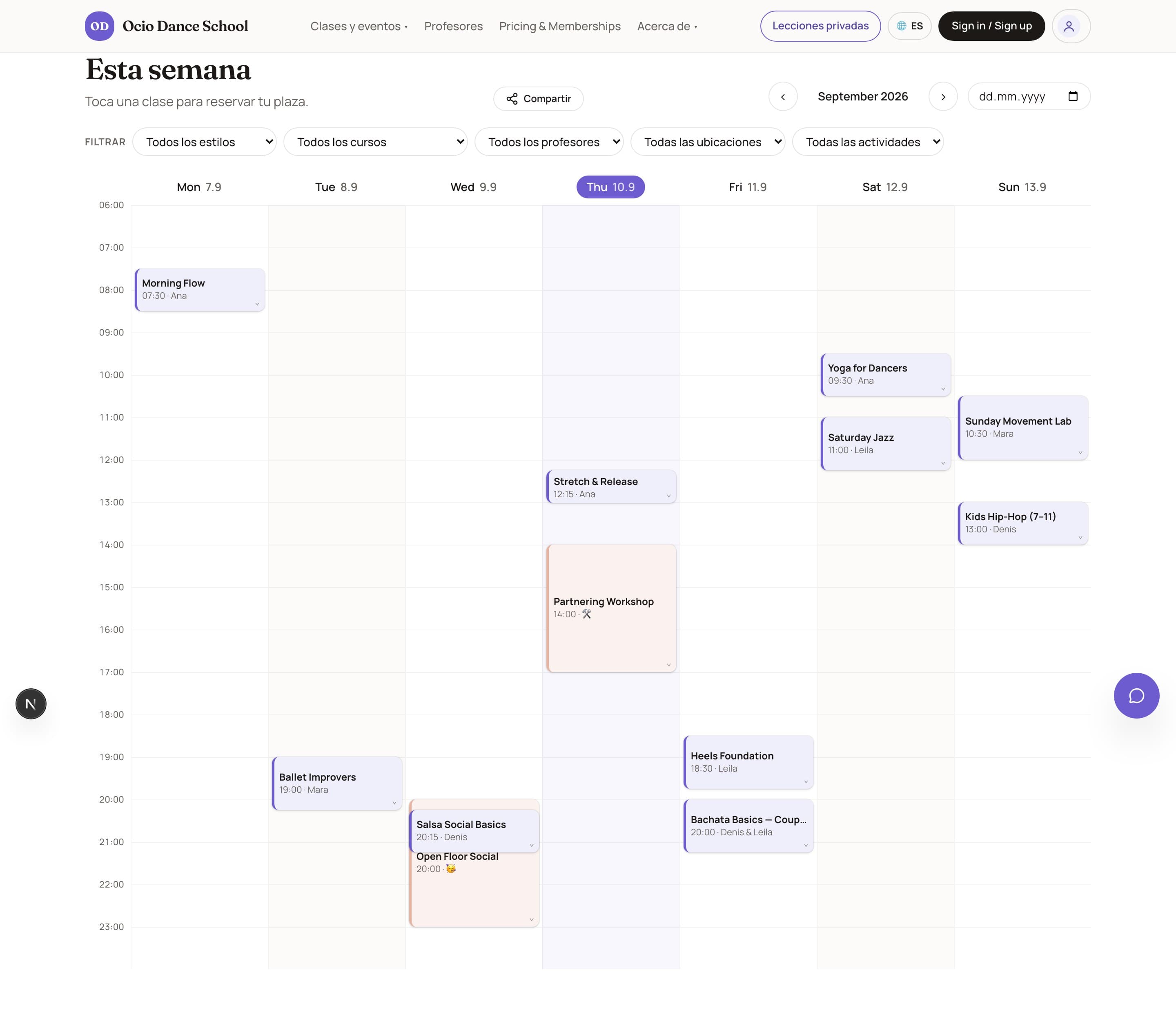 Tu semana — cada clase reservable