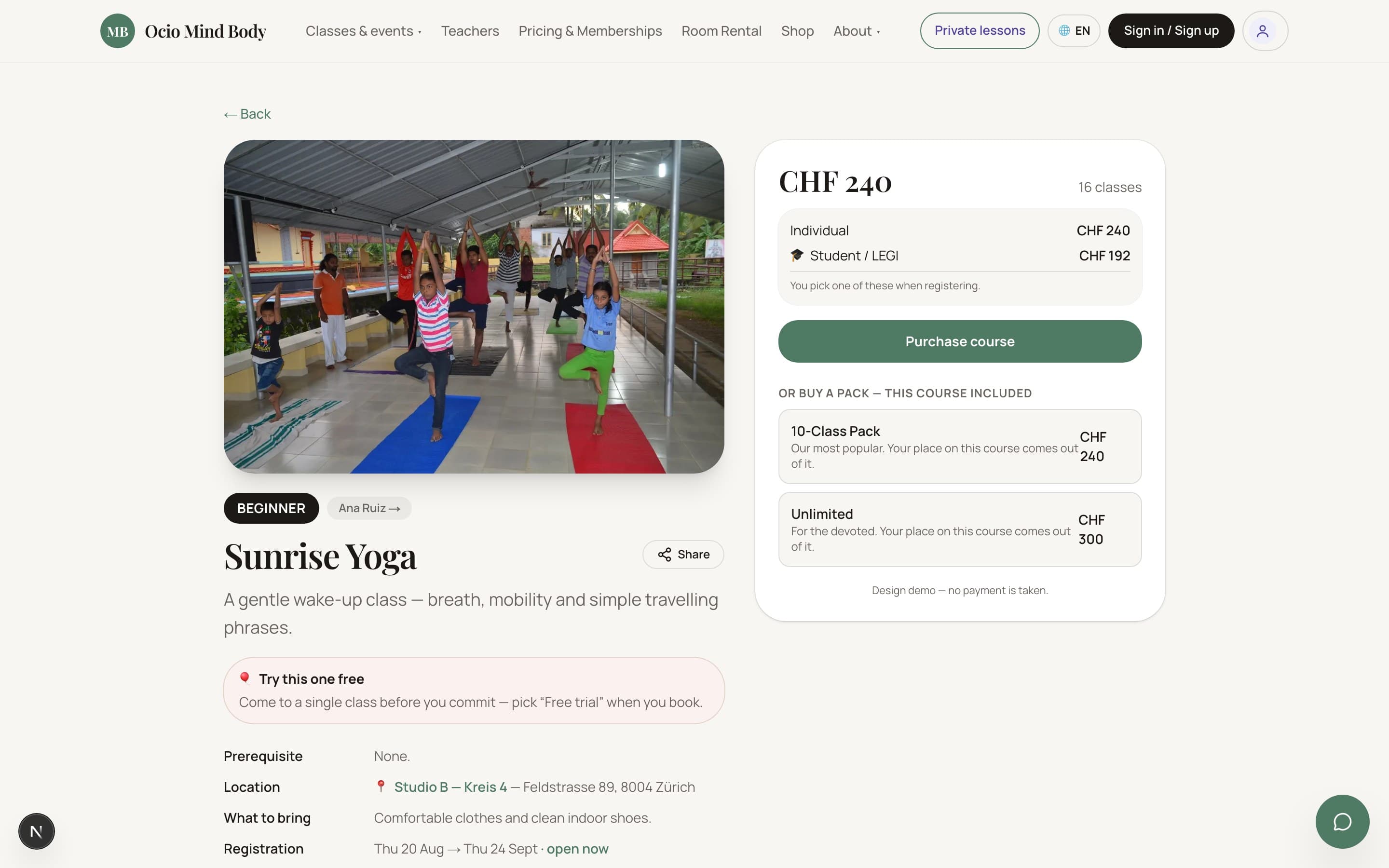 Anmeldung und Zahlung — die Kursseite eines Yoga-Studios