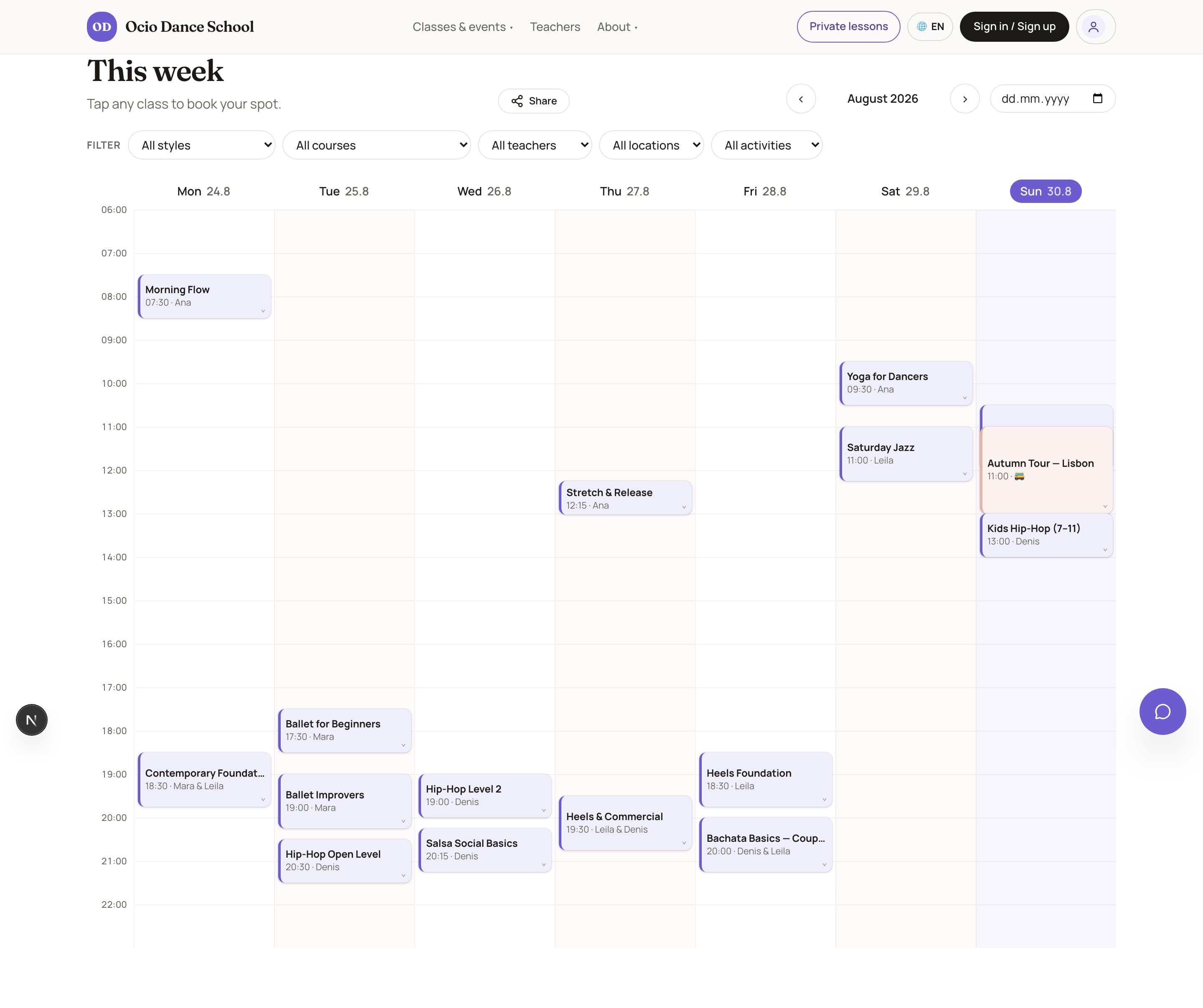 The course calendar β rooms, teachers and levels in one view